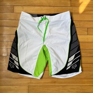 Fox Racing Mens Board Shorts White Black Lime Green Y2K Swim Trunks W34
